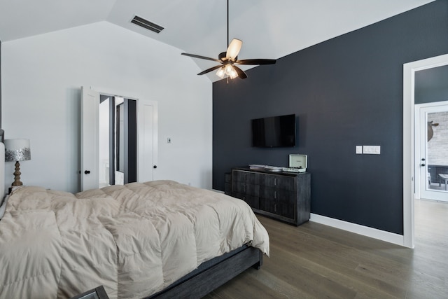 2608 Camden Ct, Celina, TX 75009 - bedroom with wood finished floors, high vaulted ceiling, ceiling fan, and baseboards