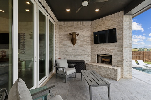 2608 Camden Ct, Celina, TX 75009 - view of patio with an outdoor brick fireplace and a ceiling fan