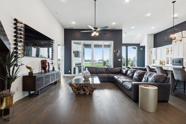 2608 Camden Ct, Celina, TX 75009 - living area with dark wood finished floors, a ceiling fan, recessed lighting, and baseboards