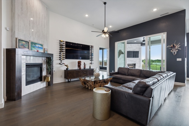 2608 Camden Ct, Celina, TX 75009 - living area featuring a large fireplace, wood finished floors, ceiling fan, baseboards, and recessed lighting