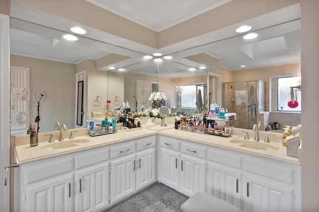 bathroom with tile patterned flooring, vanity, and ornamental molding