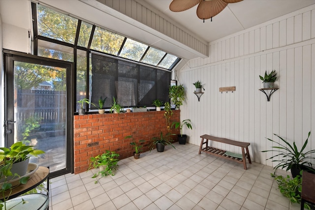 doorway to property featuring ceiling fan and french doors