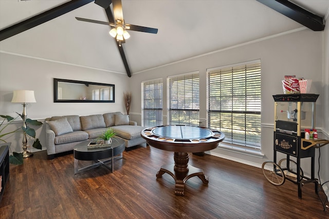 living room featuring vaulted ceiling with beams, ceiling fan, and dark wood-type flooring