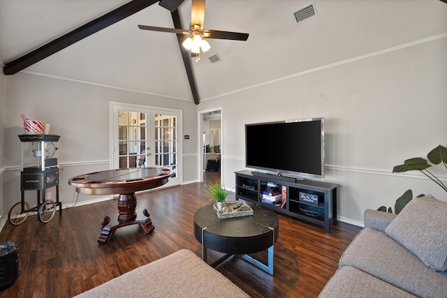 living room with french doors, dark hardwood / wood-style flooring, ceiling fan, beam ceiling, and high vaulted ceiling