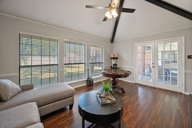 living room with beam ceiling, french doors, a healthy amount of sunlight, and dark hardwood / wood-style floors