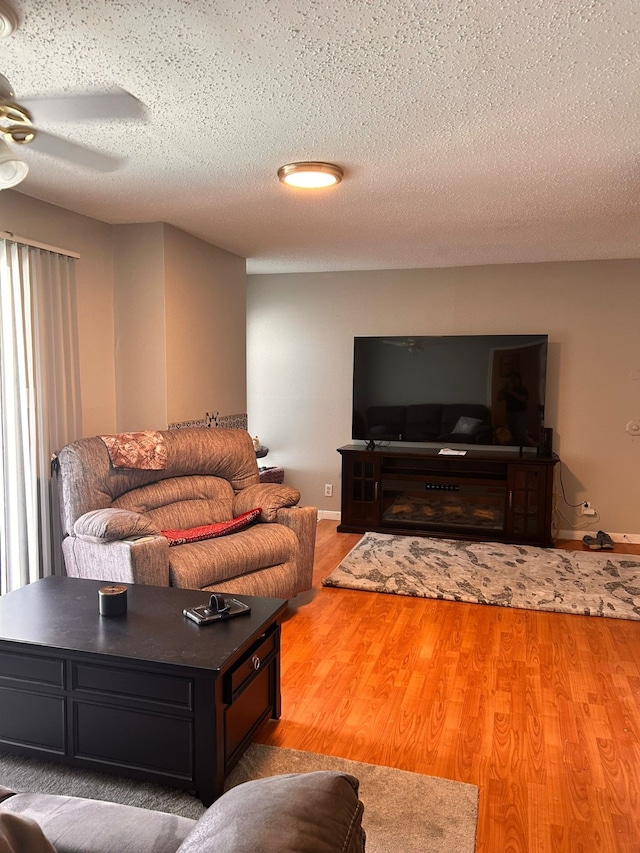 living room featuring wood-type flooring and a textured ceiling