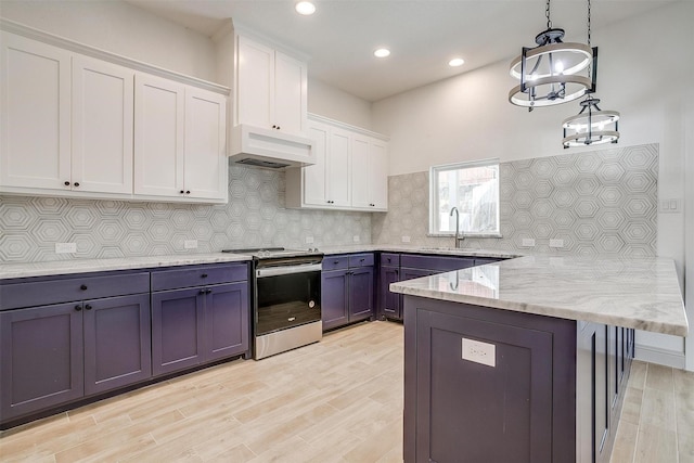 kitchen featuring stainless steel range with electric cooktop, a sink, white cabinetry, premium range hood, and a peninsula