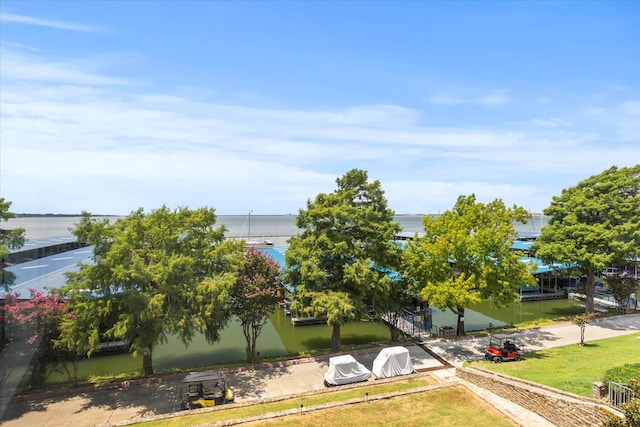 birds eye view of property with a water view