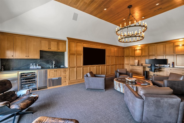 living room with carpet floors, high vaulted ceiling, wood ceiling, beverage cooler, and a chandelier