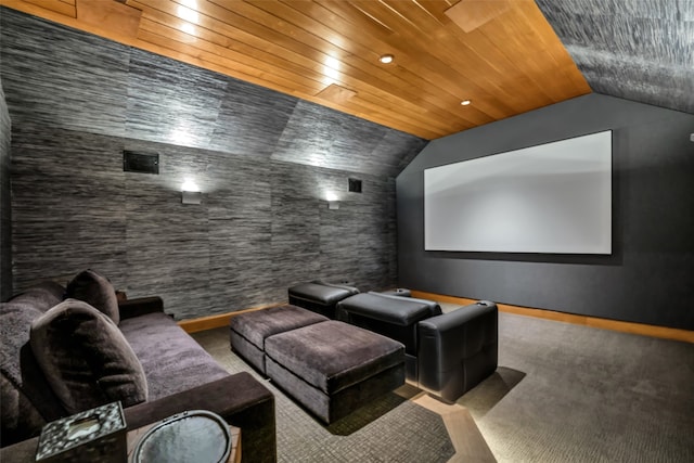 carpeted cinema featuring lofted ceiling and wood ceiling