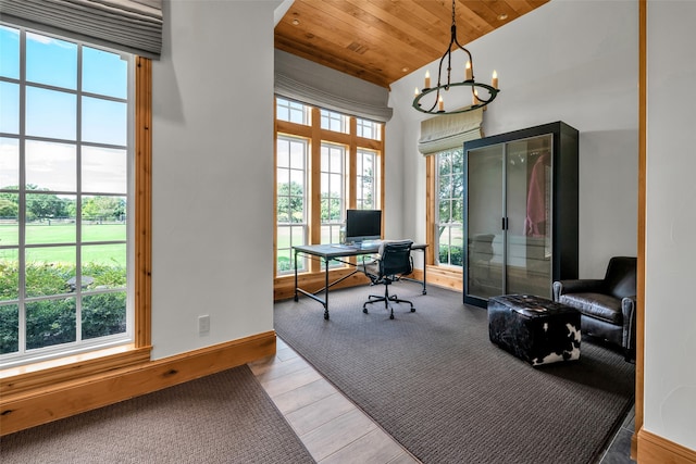 office area featuring plenty of natural light, wood ceiling, and a notable chandelier