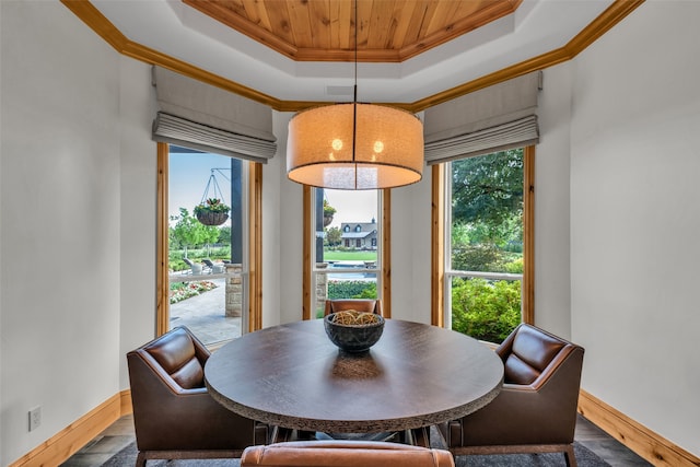 dining area with hardwood / wood-style floors, a tray ceiling, ornamental molding, and wood ceiling