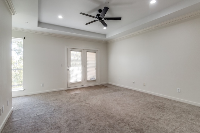 carpeted spare room featuring a tray ceiling, ceiling fan, and a healthy amount of sunlight