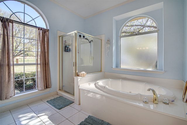 bathroom with shower with separate bathtub, tile patterned floors, and crown molding