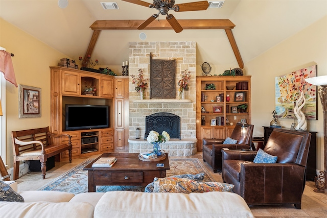 living room with a fireplace, high vaulted ceiling, ceiling fan, and beamed ceiling