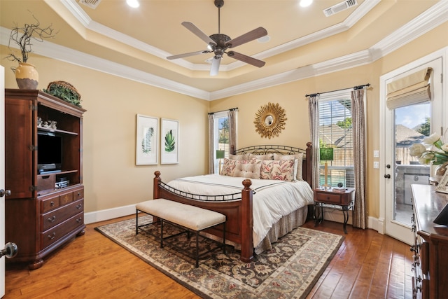 bedroom with access to outside, ceiling fan, and ornamental molding