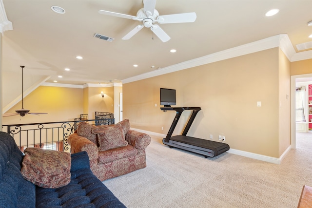 carpeted living room featuring ceiling fan and ornamental molding