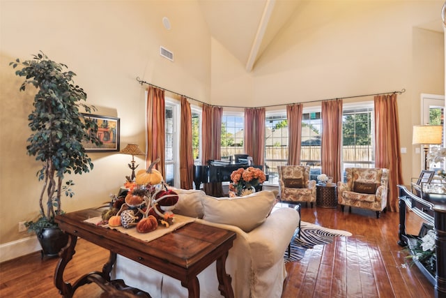 living room featuring high vaulted ceiling and dark wood-type flooring