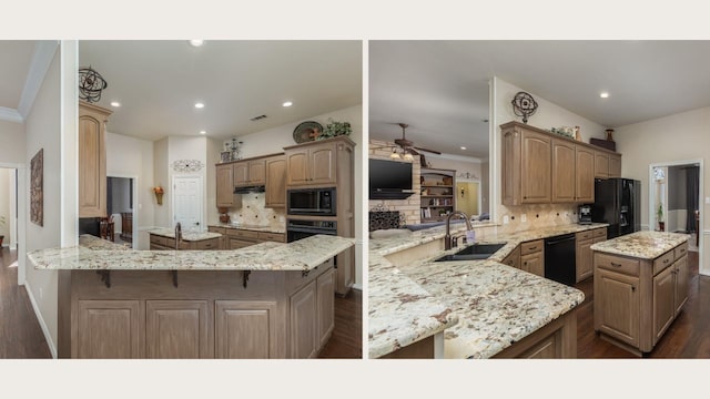 kitchen featuring kitchen peninsula, tasteful backsplash, black appliances, sink, and a kitchen island