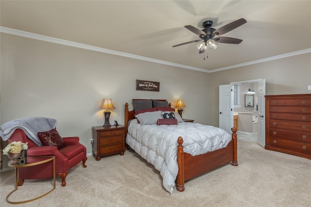 bedroom with ensuite bath, ceiling fan, crown molding, and light carpet