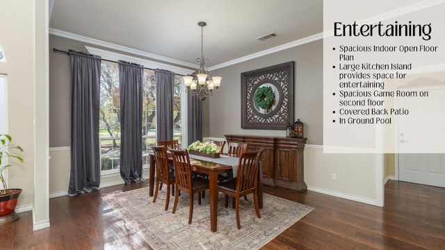 dining space with dark hardwood / wood-style floors, crown molding, and a notable chandelier