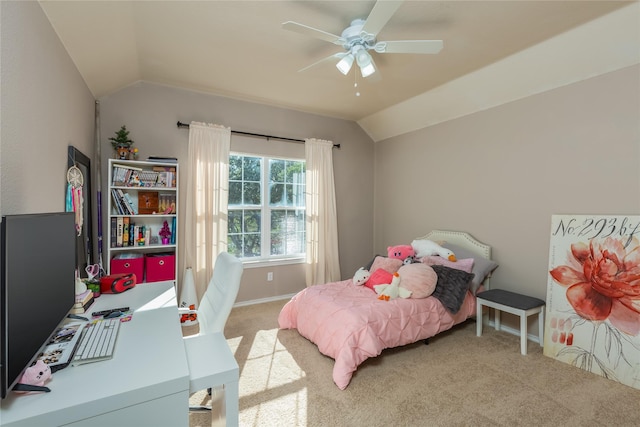 bedroom with light carpet, vaulted ceiling, and ceiling fan