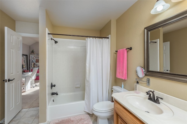 full bathroom featuring tile patterned flooring, vanity, shower / tub combo with curtain, and toilet