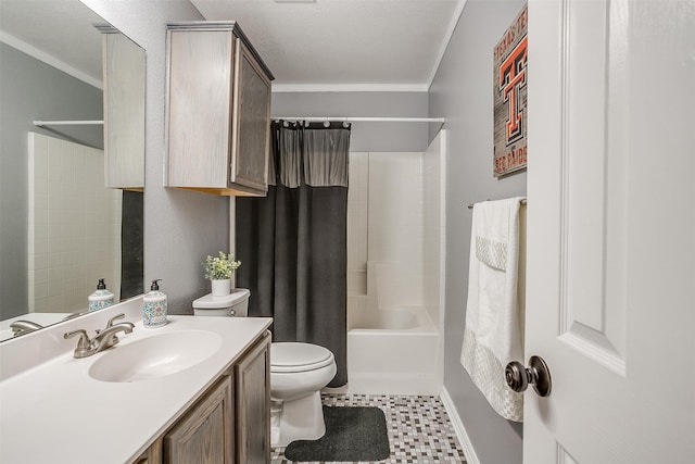 full bathroom featuring vanity, tile patterned floors, crown molding, toilet, and shower / bathtub combination with curtain