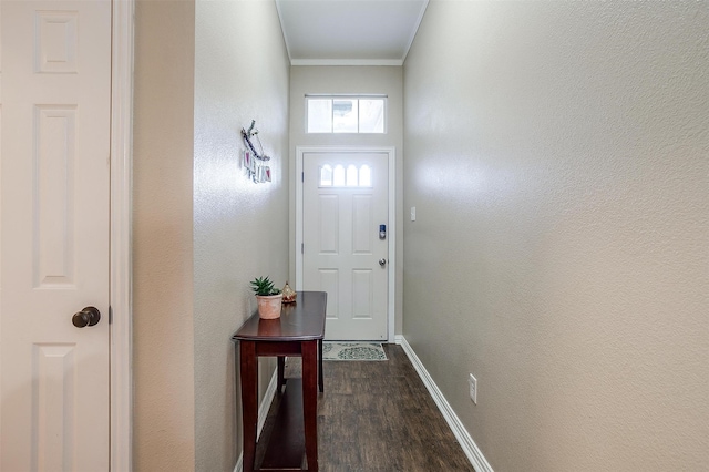 entryway with dark hardwood / wood-style floors and ornamental molding