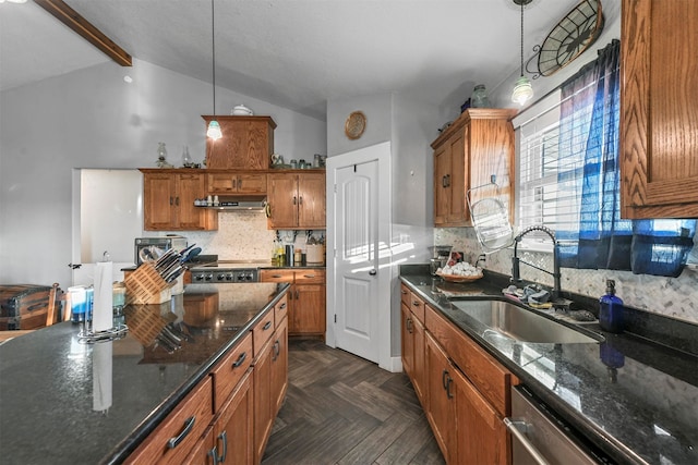 kitchen featuring decorative backsplash, exhaust hood, sink, lofted ceiling with beams, and hanging light fixtures