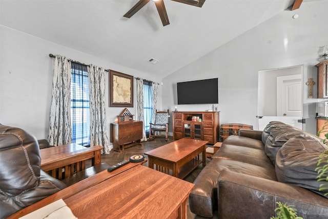 living room featuring high vaulted ceiling and ceiling fan