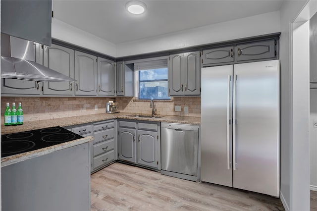 kitchen featuring decorative backsplash, sink, stainless steel appliances, and light hardwood / wood-style flooring