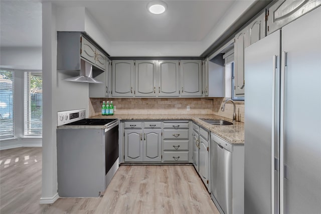 kitchen with sink, decorative backsplash, gray cabinets, light wood-type flooring, and stainless steel appliances