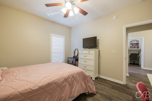 bedroom featuring ceiling fan and dark hardwood / wood-style flooring