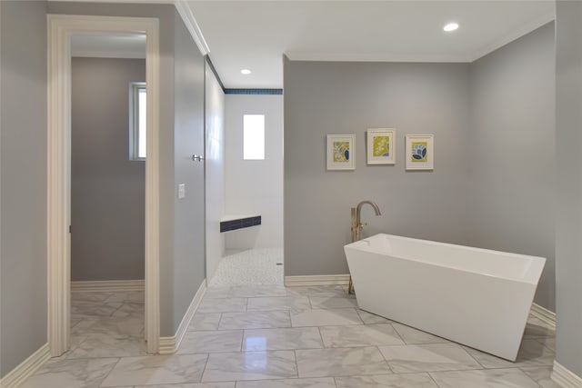 bathroom featuring crown molding and shower with separate bathtub