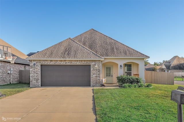 view of front of home featuring a garage and a front lawn