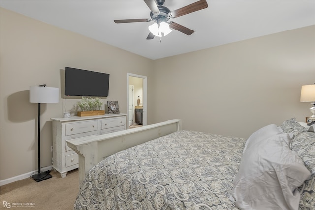 bedroom featuring light carpet and ceiling fan