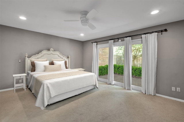 carpeted bedroom featuring access to outside and ceiling fan