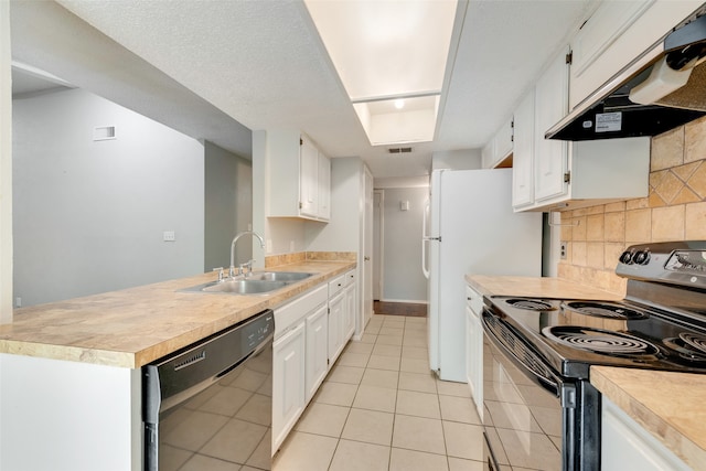 kitchen featuring white cabinetry, sink, black appliances, and range hood