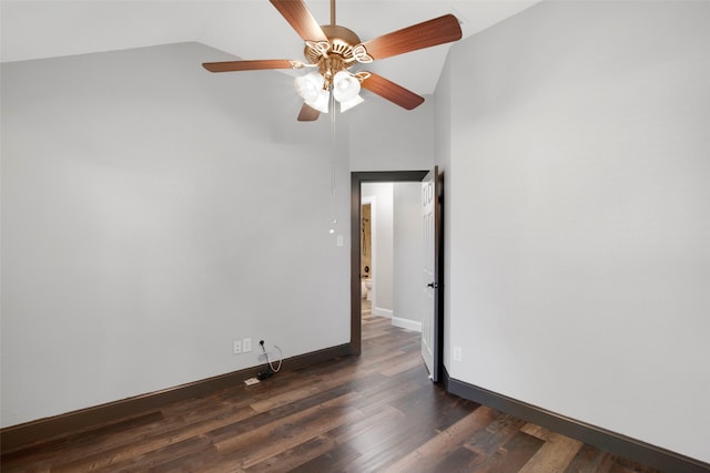 unfurnished room featuring ceiling fan, dark hardwood / wood-style flooring, and high vaulted ceiling