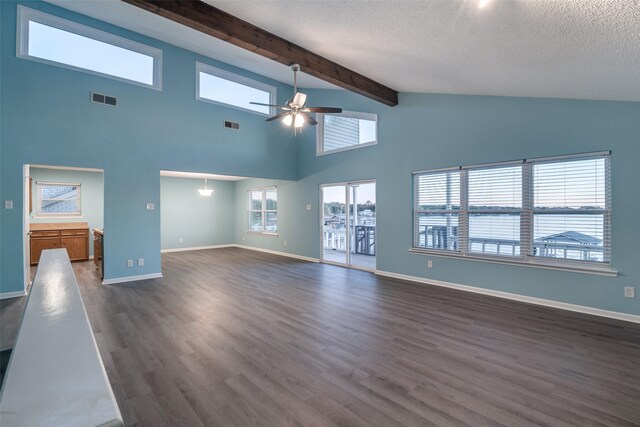 unfurnished living room with dark hardwood / wood-style flooring, ceiling fan, beam ceiling, a water view, and high vaulted ceiling