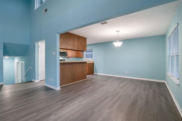 kitchen with pendant lighting, a textured ceiling, and hardwood / wood-style flooring