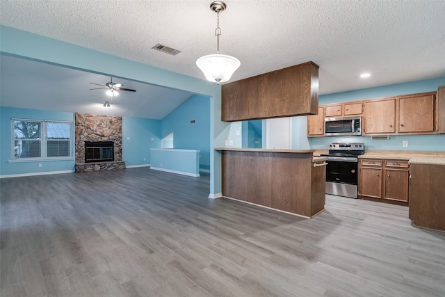 kitchen featuring appliances with stainless steel finishes, decorative light fixtures, and hardwood / wood-style floors