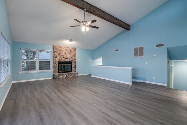 unfurnished living room with a stone fireplace, ceiling fan, high vaulted ceiling, and wood-type flooring