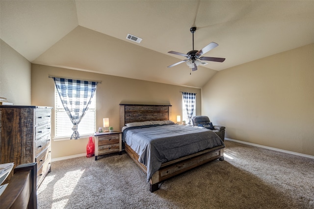 bedroom featuring ceiling fan, carpet floors, and vaulted ceiling