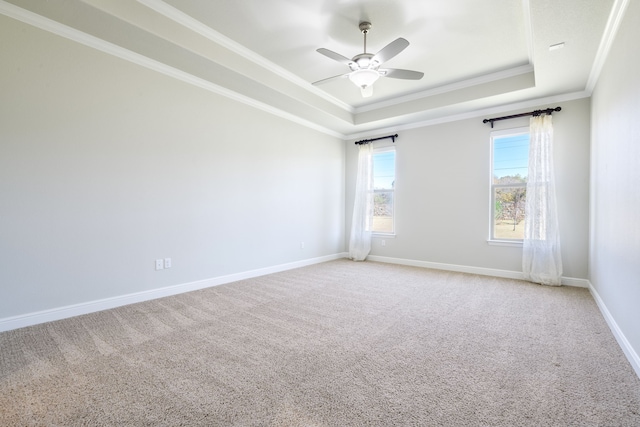 unfurnished room featuring a raised ceiling, crown molding, and light colored carpet