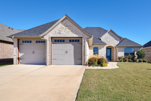 view of front of home featuring a front yard and a garage