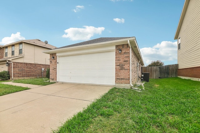 view of property exterior with a garage, central AC unit, and a lawn