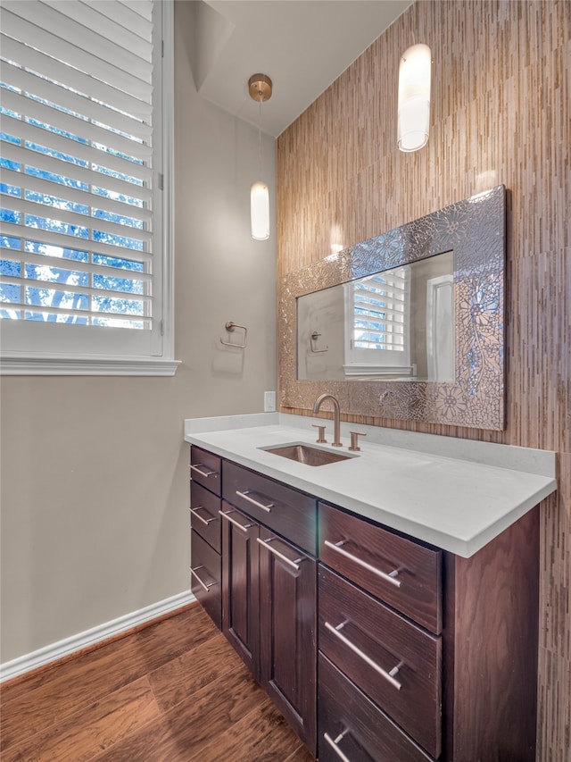 bathroom featuring hardwood / wood-style flooring, vanity, and a healthy amount of sunlight