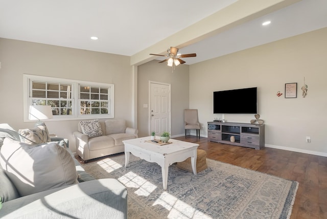 living room with ceiling fan and wood-type flooring